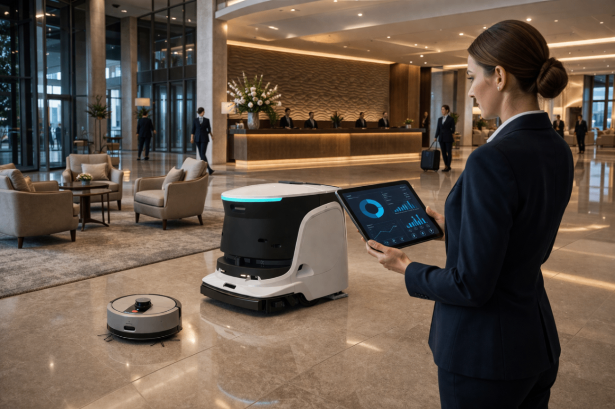 Hotelmanagerin prüft ROI-Daten von Reinigungsrobotern im Hotelbetrieb